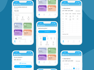 Work Shift Management App - Simply Pay (UI Design) clock in employee shifts product design scheduling app start shift ui ui design ux work shifts