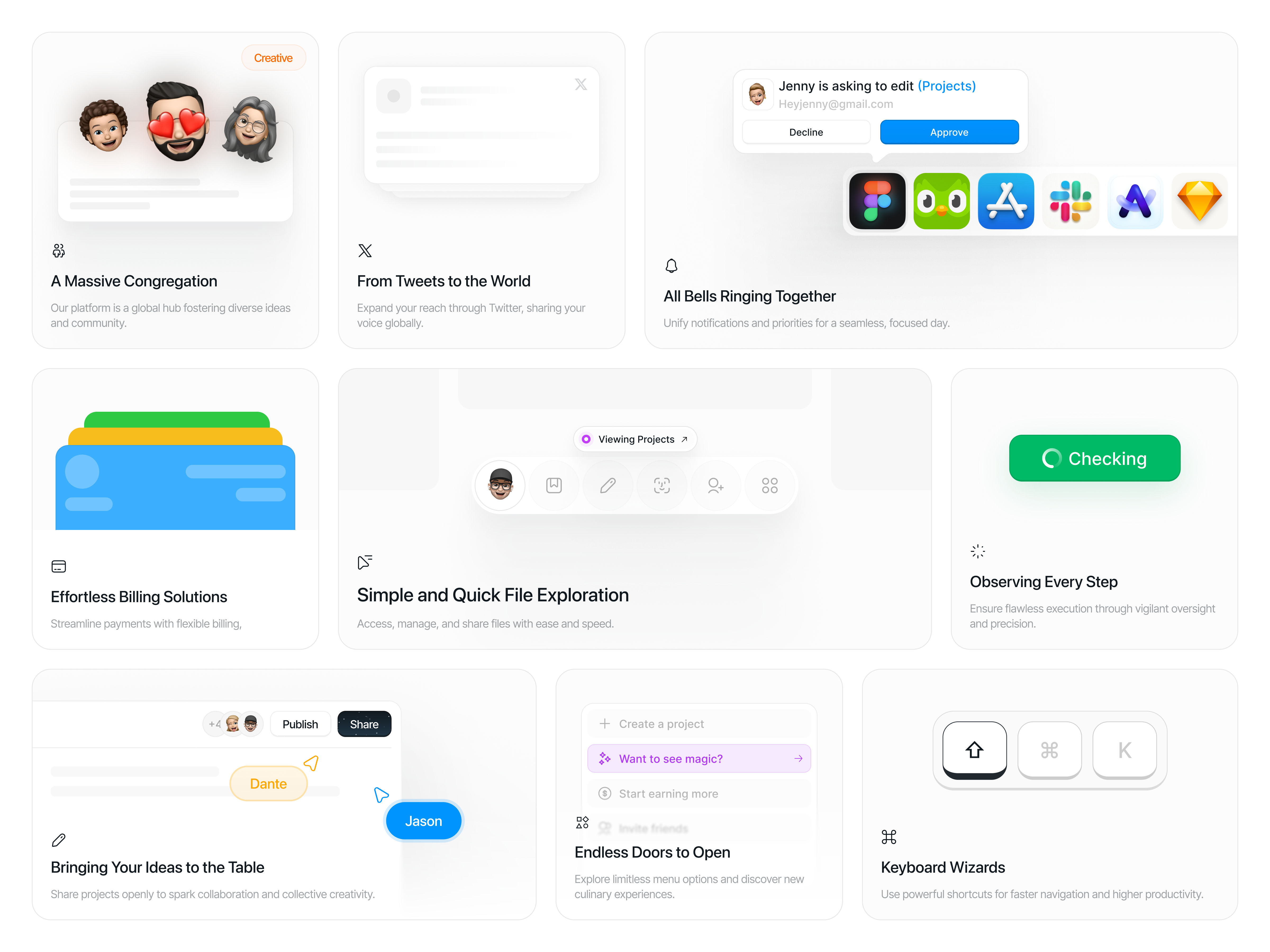 Feature Cards bento card clean component design feature features grid interface landing landing page layout light minimal platfrom saas ui user interface ux web design