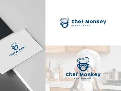 Chef Monkey Restaurant logo design. food, cafe. app apps logo branding cafe chef coffeeshop cooking design dining room food graphic design hotel illustration inn kitchen logo monkey resort restaurant ui