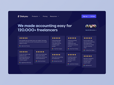 #14 - Dokyou Testimonials accounting comments concept corporate cta dark mode desktop finance fintech freelance reviews saas social proof startup testimonials testimonials ui ui ux web design