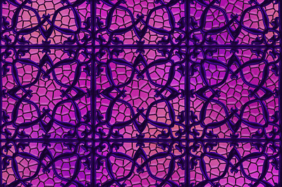 Neon Stained Glass with Purple Metal Scrollwork [fabric design] branding digital art fabric design gothic graphic art graphic design illustration ironwork scrollwork stained glass