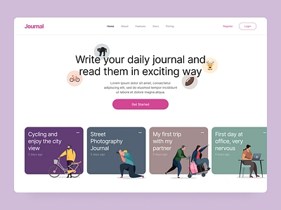 #Exploration - Journal App Landing Page app clean design hero homepage illustrations journal landing page layout minimalist overlap simple typography ui ux website whitespace