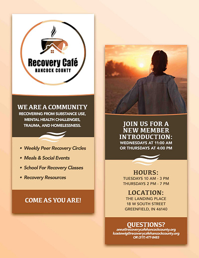 Recovery Cafe (Hancock County) Brochure 2023 brochure design brochure designer graphic design graphic designer group promotion illustrator indesign organization promotion photoshop print design print designer