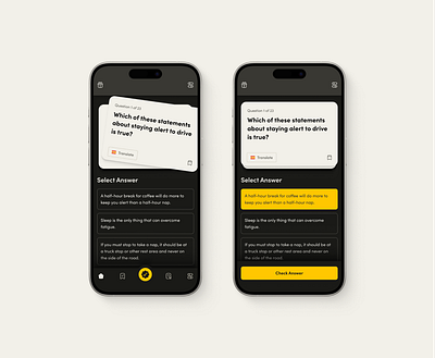 Practice Test Interface answers card clean dark floating graphic design mobile modern quiz ui ux yellow