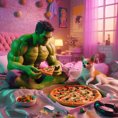 Hulk eating pizza in Barbie's room - AI Concept Visualization ai visualization airender barbie character stories color palette design hulk realistic style render