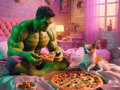 Hulk eating pizza in Barbie's room - AI Concept Visualization ai visualization airender barbie character stories color palette design hulk realistic style render