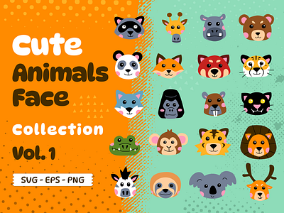 Cute Animals Face Collection Vol 1 cartoon character clipart collection design element illustration vector