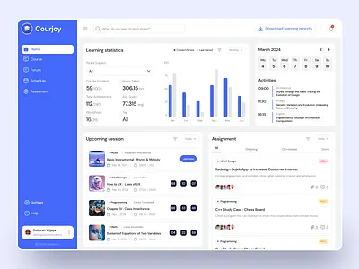 Courjoy - Online Course Dashboard activities assesment assignment card case clean course dashboard design e course forum learning learning statistics on review programming reports schedule study uiux e learning upcoming session