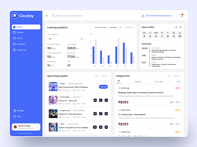 Courjoy - Online Course Dashboard activities assesment assignment card case clean course dashboard design e course forum learning learning statistics on review programming reports schedule study uiux e learning upcoming session