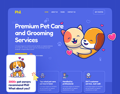 Phil - Pet Care & Grooming Web Design animals cats character colorful concept creative cute doctor dogs grooming icons mockup pet care pets showcase ui uiux user interface veterinarian web design
