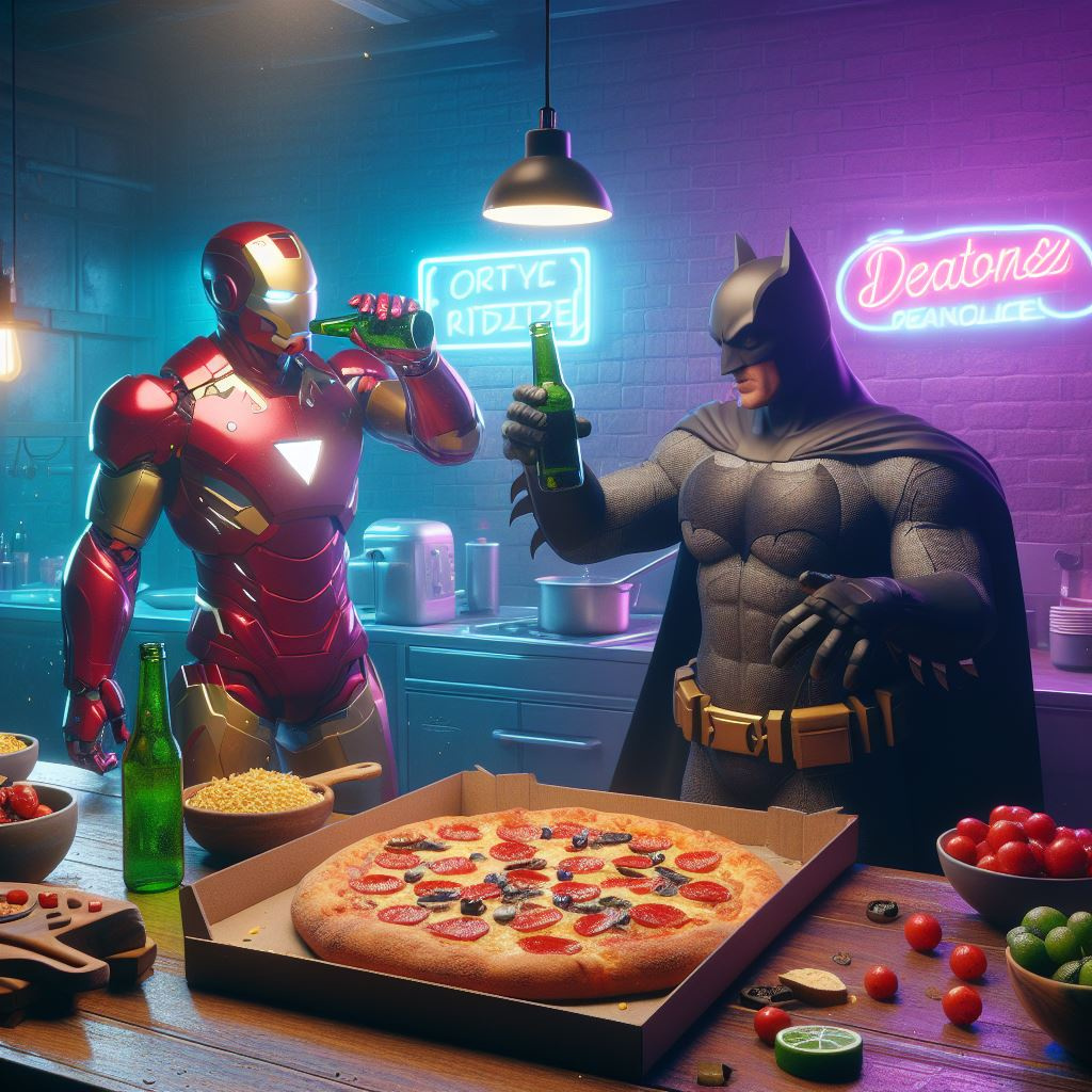 Batman-Ironman Bromance : Concept Visualization series ai art bar batman bromance color palette dalle3 generative ai ironman marvel comics realistic style render
