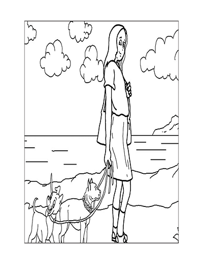 Lady walk with Dog coloring page animation graphic design