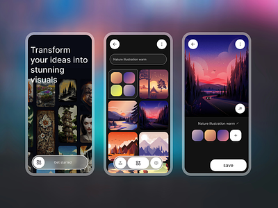 AI Image Generator Mobile App ai application ai generator ai image ai mobile app app design colours dark theme generate image glass image app image application image generation app minimal mobile mobile app share images ui design ui ux ux design