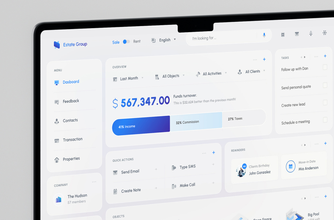 Estate Group CRM – Property Management Dashboard crm dashboard desktop property real estate search set icons system tablet task ui ux