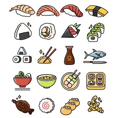 Japanese Food and Sushi Icons dumpling food gyoza icon icon design icons japanese noodles restaurant sushi