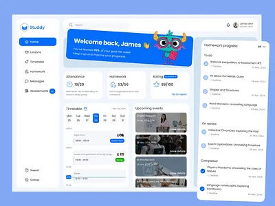 Studdy ® - Dashboard UI/UX Design for Edtech Platform dashboard design e learning dashboard e learning platform edtech app edtech platform education platform education website homework tracking learning management platform online class online education school app uiux design web design