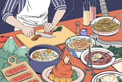Travel Through Cooking 2d conceptual digital drawn editorial folioart food illustration landmarks line nien ken alec lu travel
