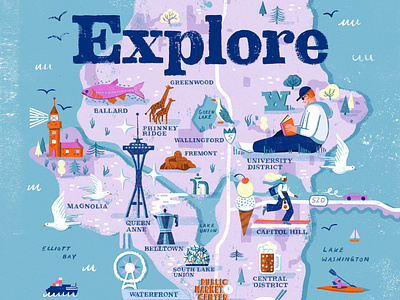Seattle 2d character digital editorial folioart icons illustration infographic map olivia waller texture travel