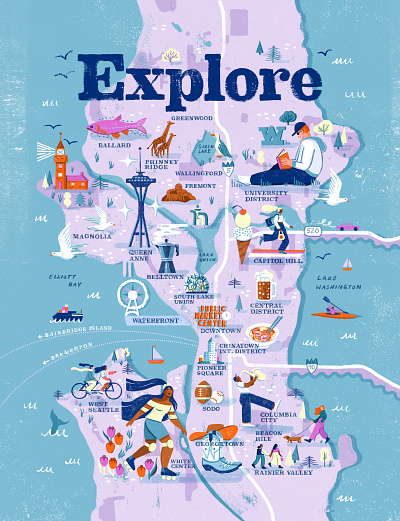 Seattle 2d character digital editorial folioart icons illustration infographic map olivia waller texture travel