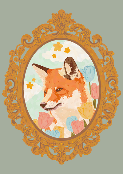 Vintage Foxy Floral Frame animal portrait animals botanical digital illustration floral fox illustration nature portrait procreate spring vintage