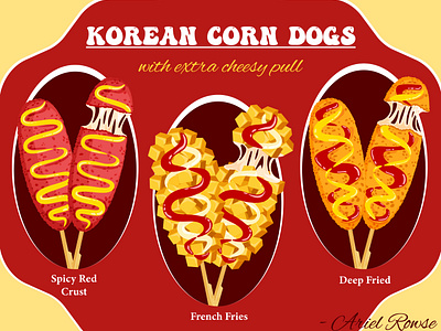 Korean Corn Dogs with Cheese Pull asian food cartoon food cheese pull corn dogs cultural food food illustration fried food graphic design korean snacks resturant menu illustration street food