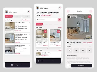 Hotel booking mobile application UI/UX app design booking app branding dark blue glassmorphism home page hotel light mode mobile mobile app design mobile ui montserrat pink product page reservation ui ui design white