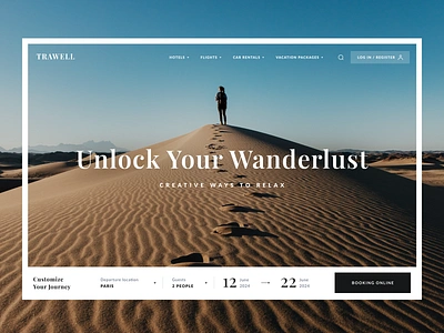 Travel landing page - Hero section booking booking form calendar cover photo cta desktop elegant hero image hero section landing page minimalistic polaroid photo search serif font top navigation travel travel planning trip turists web design