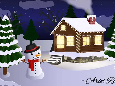 Winter Landscape - Snowman in Front of a Lit House cartoon background graphic design house in snow house with chimney landscape illustration lit house night time snowman snowy background vector illustration winter landscape winter trees