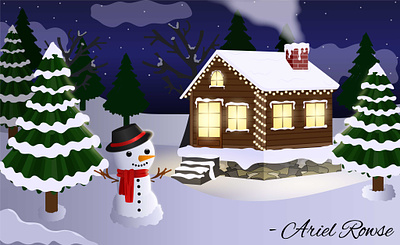 Winter Landscape - Snowman in Front of a Lit House cartoon background graphic design house in snow house with chimney landscape illustration lit house night time snowman snowy background vector illustration winter landscape winter trees