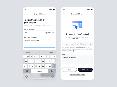 Arto Plus Mobile - Request Money - Create Link create link finance link mobile app payment product design request money saas saas design transactions ui ux