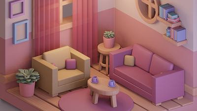 Isometric 3D Living Room 3d 3d design 3d illustration blender blender community creative cute illustration isometric isometric illustration living room pink yellow