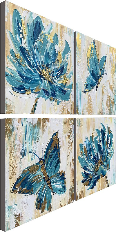 Handmade Blue Butterfly and Flower Wall Art Hand Painted Oil Pai graphic design logo ui