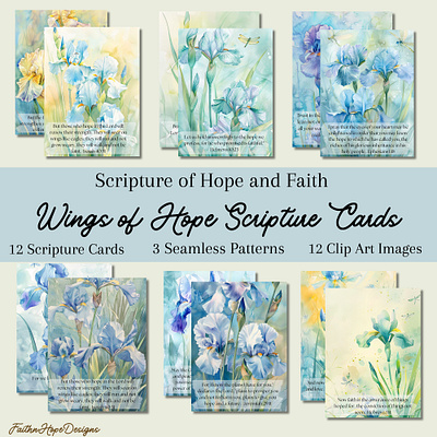 Wings of Hope Scripture Cards clip art collage art design digital dragonflies dragonfly floral flowers graphic design illustration iris flowers print at home scripture cards
