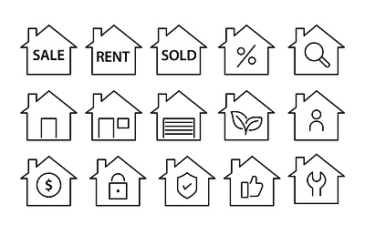 house and real estate icons set abstract black business doodle graphic design home house icon icons illustration insurance line outlines property real estate rent sale sold vector web