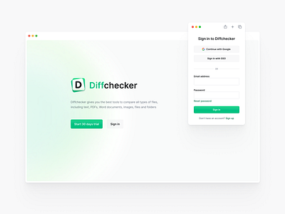 Diffchecker – Sign in page app application create account desktop form gradients login modal password pop up sign in sign up window