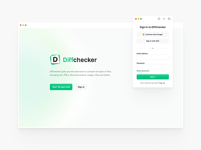 Diffchecker – Sign in page app application create account desktop form gradients login modal password pop up sign in sign up window