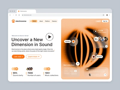 Electroverse. Landing page web design artist branding clean club design electro figma graphic design homepage inspiration modern music sound ui ux web designer