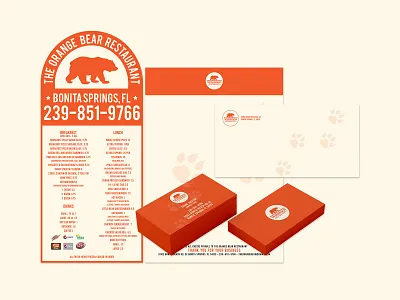 The Orange Bear Restaurant Menu + Stationery bear brand branding business card collateral design envelope freelance graphic identity kit layout letterhead logo menu orange print restaurant stationery