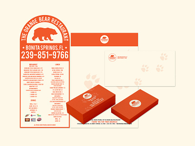 The Orange Bear Restaurant Menu + Stationery bear brand branding business card collateral design envelope freelance graphic identity kit layout letterhead logo menu orange print restaurant stationery