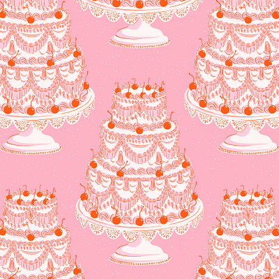 Gâteau with Cherries banquet birthday cake cake decorating celebration cherries frosting icing illustration party repeating pattern retro surface design treats