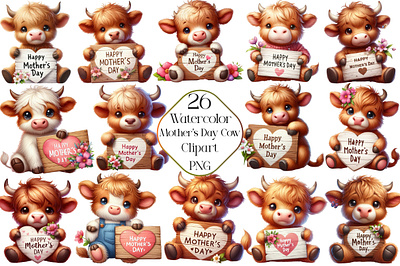 Happy Mother's Day Highland Cow Clipart painting