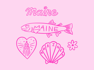 Maine in Pink Illustrations beach beach branding fish fish branding fish logo fishing girly hand lettering illustration illustrator lettering logo maine ocean ocean logo pink portland seashell seashell branding seashell logo