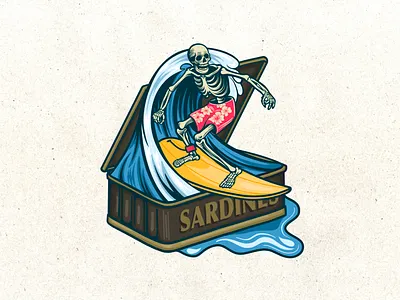 Surfing time creative illustration digital art hand drawn illustration ocean ocean art print design sandines sardines can skeleton surf surf art surf skeleton surfing surfing illustration
