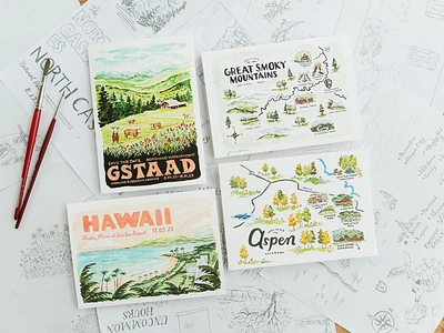 Destination Maps & Travel Posters: Custom Stationery aspen colorado illustration custom stationery gstaad illustration handdrawn handlettering handpainted map handpainted watercolor hawaii watercolor illustration lodge map illustration map illustrator for hire national parks illustrator oregon illustrator portland illustrator surface design traditional media travel illustrations venue map illustration vintage travel illustration vintage travel poster watercolor map illustration