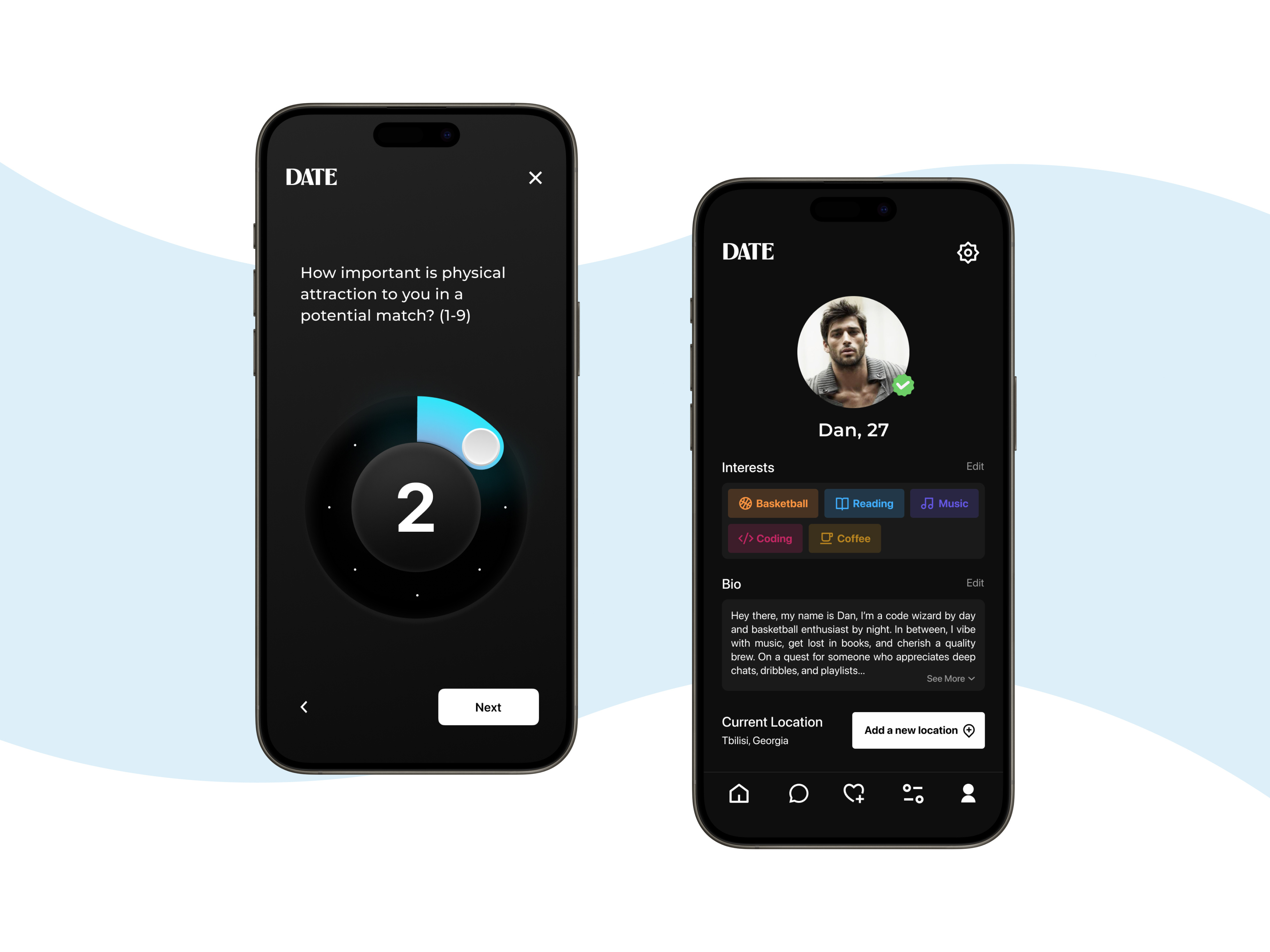 DATE - Dating app (Dark mode) 3d animation black blue branding dark mode dating app graphic design logo minmalism mobile motion graphics neumorphic product design skeumorphi social app ui user experience user interface ux