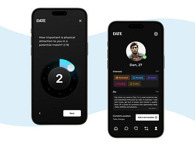 DATE - Dating app (Dark mode) 3d animation black blue branding dark mode dating app graphic design logo minmalism mobile motion graphics neumorphic product design skeumorphi social app ui user experience user interface ux