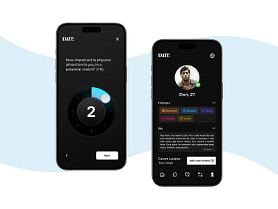 DATE - Dating app (Dark mode) 3d animation black blue branding dark mode dating app graphic design logo minmalism mobile motion graphics neumorphic product design skeumorphi social app ui user experience user interface ux