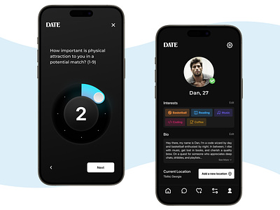 DATE - Dating app (Dark mode) 3d animation black blue branding dark mode dating app graphic design logo minmalism mobile motion graphics neumorphic product design skeumorphi social app ui user experience user interface ux