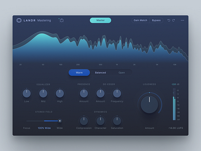 LANDR Mastering Plugin audio daw graphic knobs landr mastering meters music plugin sliders switches toggles ui ux visualization vst