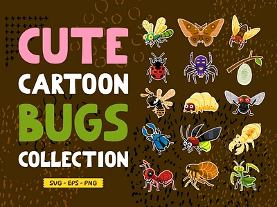 Cute Cartoon Bugs Collection animal ant bee beetle bug cartoon character children illustration clipart design element graphic design illustration insect kids illustration ladybug mantis vector